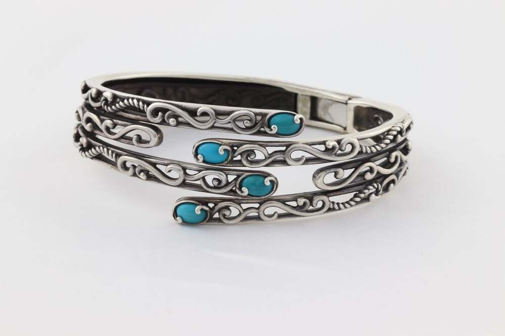 Sterling Silver Carolyn Pollock Turquoise Bypass Cuff Bangle Bracelet 6.5"